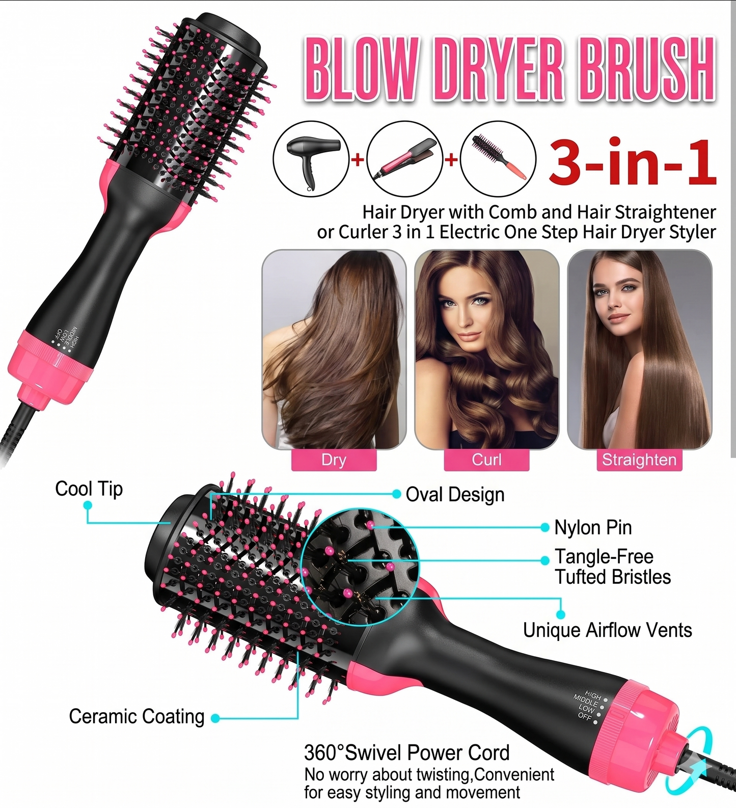 Professional One Step Hot Air Brush | 3-in-1 Dryer, Straightener & Volumizer for Effortless Styling