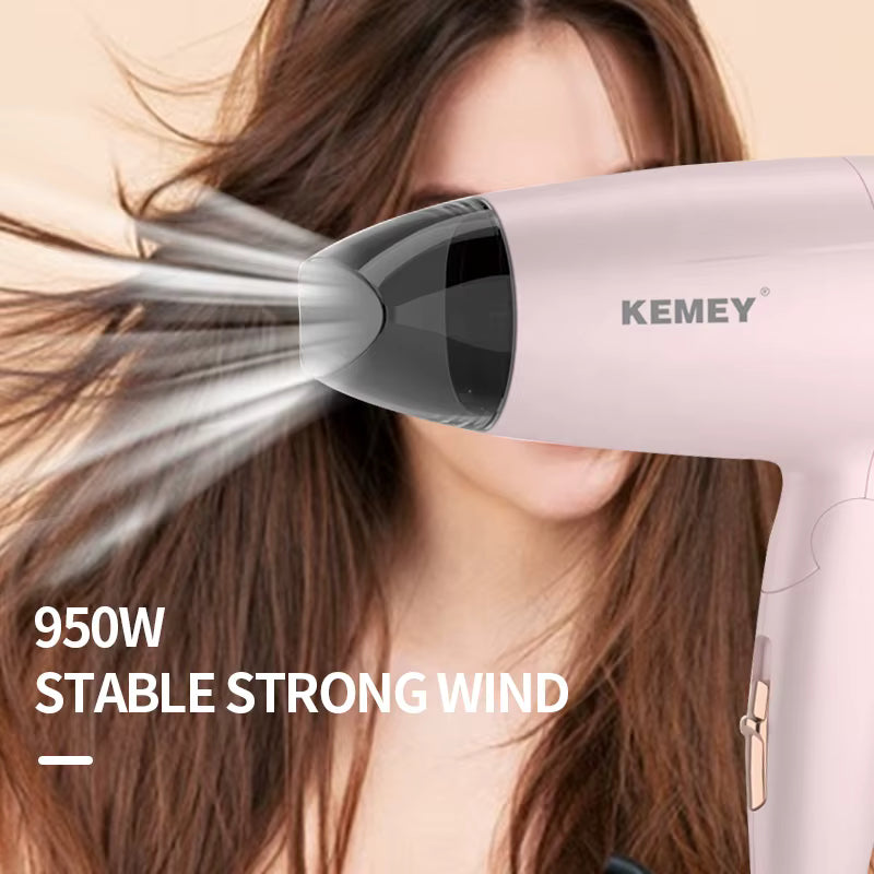 Kemei Portable Handle Compact Hair Dryer Foldable Low Noise Blower Dryer Hot Wind Long Life for Outdoor Travel 950W Student Use