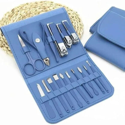 Premium Stainless Steel Manicure Pedicure set 16 Pcs | Travel Grooming Kit with Leather Case