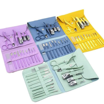 Premium Stainless Steel Manicure Pedicure set 16 Pcs | Travel Grooming Kit with Leather Case