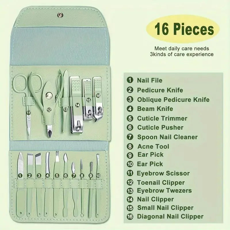 Premium Stainless Steel Manicure Pedicure set 16 Pcs | Travel Grooming Kit with Leather Case