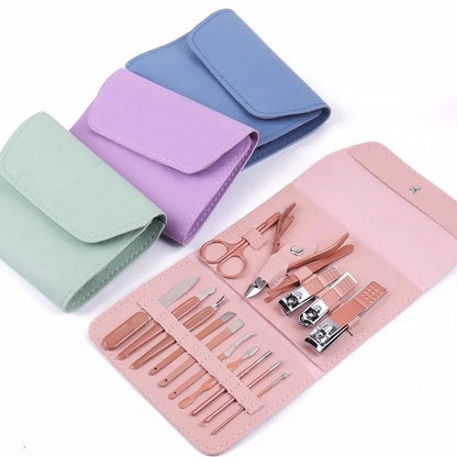 Premium Stainless Steel Manicure Pedicure set 16 Pcs | Travel Grooming Kit with Leather Case