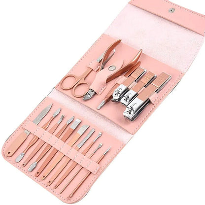 Premium Stainless Steel Manicure Pedicure set 16 Pcs | Travel Grooming Kit with Leather Case
