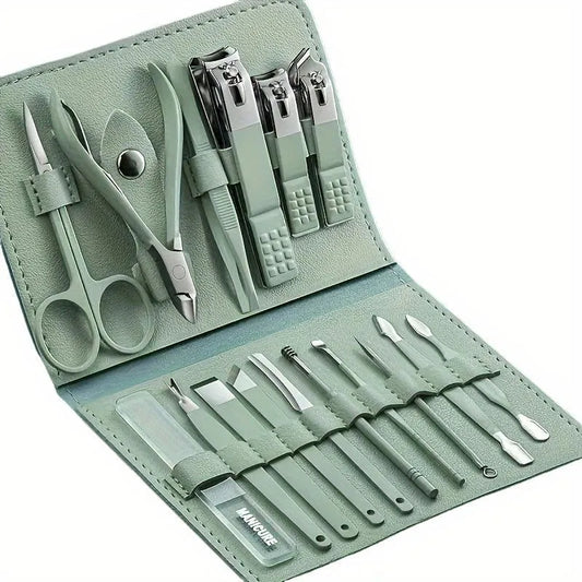 Premium Stainless Steel Manicure Pedicure set 16 Pcs | Travel Grooming Kit with Leather Case