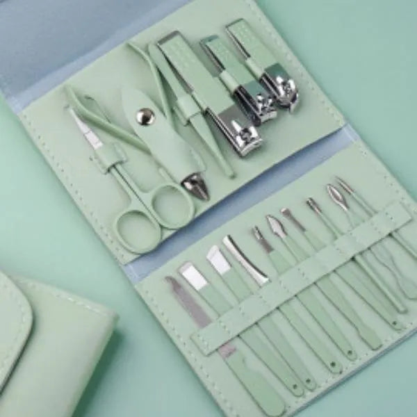 Premium Stainless Steel Manicure Pedicure set 16 Pcs | Travel Grooming Kit with Leather Case