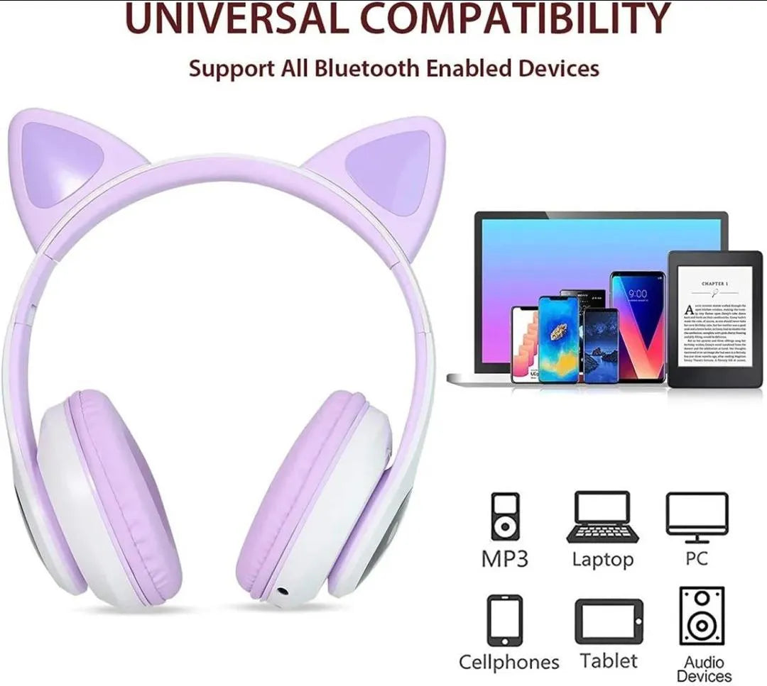 Pink Cat Ear Bluetooth Headphones with LED Lights