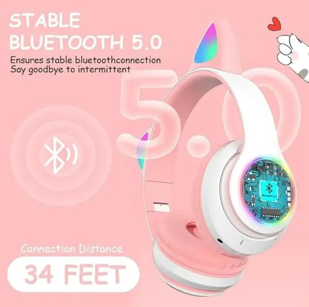Pink Cat Ear Bluetooth Headphones with LED Lights