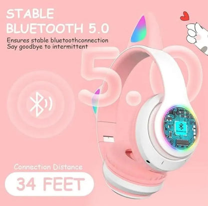 Pink Cat Ear Bluetooth Headphones with LED Lights