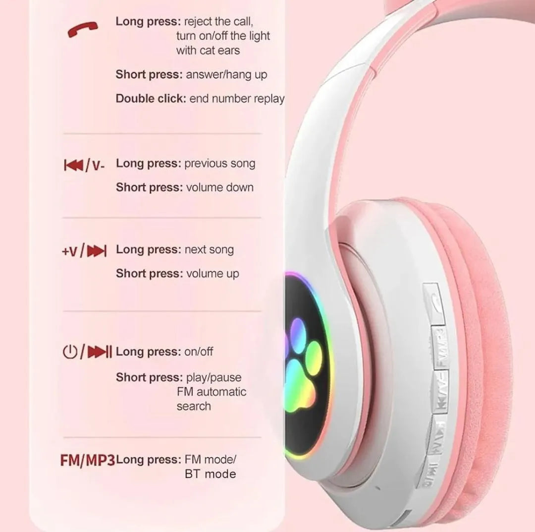 Pink Cat Ear Bluetooth Headphones with LED Lights
