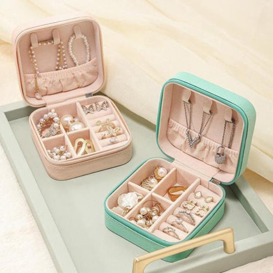 Portable Square Mini Jewellery Box Soft Storage Case | PU Leather Travel Organizer with Removable Dividers