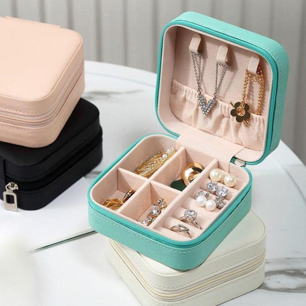 Portable Square Mini Jewellery Box Soft Storage Case | PU Leather Travel Organizer with Removable Dividers