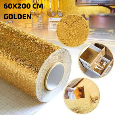 Golden Foil Kitchen Wallpaper Sticker | 60×200cm | Peel & Stick Aluminum Foil Wall Covering | Oil-Proof, Waterproof & Heat-Resistant Decor