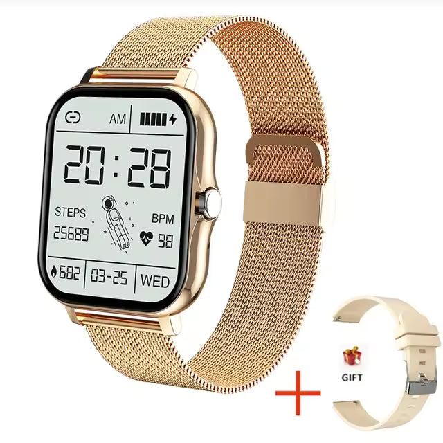 Gold smartwatch with digital display and matching mesh band